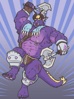 anthro armor axe big_muscles blonde_hair briefs bulge claws clothing digitigrade fur gloves greaves hair handwear horn male muscular muscular_male nipple_piercing nipples piercing purple_body purple_fur simple_background solo underwear zsombor final_fantasy square_enix behemoth_(final_fantasy) 3:4 absurd_res hi_res