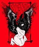 anthro back_wings bodily_fluids breasts cheek_tuft cleavage clothed clothing crying darkened_face facial_tuft feathered_wings feathers female hair hair_over_eye horror_(theme) kneeling nude one_eye_obstructed red_background scratches simple_background solo surrealism tears tears_of_pain text tuft vent_art wide_eyed wings x_pupils gutter-bunny alexis_(gutter-bunny) lagomorph leporid mammal rabbit vampire black_and_white_and_red english_text hi_res monochrome trans_(lore) trans_woman_(lore)