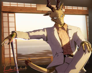 anthro antlers belt cane claws clothing horn jewelry leopard_spots looking_down male necklace relaxing shirt sitting solo spots suit suit_jacket sun tail tattoo topwear vermilionrenderworks enticia_(modeler) beastars melon_(beastars) antelope bovid felid gazelle hybrid leopard mammal pantherine 5:4 blender_(artwork) cel_shading digital_media_(artwork) shaded signature