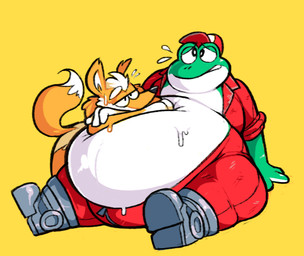 anthro belly big_belly bodily_fluids boots clothing duo footwear fur furry_tail green_body green_skin hat headgear headwear huge_belly male male/male obese obese_anthro obese_male overweight overweight_anthro overweight_male red_clothing resting_on_belly shoes simple_background slim slim_anthro slim_male sweat sweatdrop tail tired white_body white_fur white_skin yellow_background yellow_body yellow_fur boot_(artist) nintendo star_fox fox_mccloud slippy_toad amphibian canid canine fox frog mammal toad_(frog) 2017