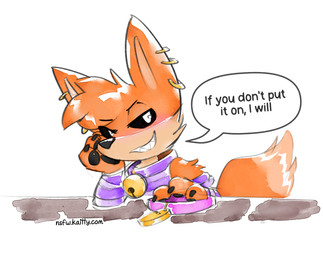 anthro arm_tuft arm_warmers armwear bell bell_collar black_pawpads black_sclera claws clothing collar collar_tag ear_jewelry ear_piercing fur jewelry orange_body orange_fur pawpads paws piercing purple_clothing shoulder_tuft smug smug_expression smug_eyes smug_face smug_grin text tuft kaittycat canid canine fox mammal digital_media_(artwork) digital_painting_(artwork) digital_watercolor_(artwork) hi_res painting_(artwork) url watercolor_(artwork)