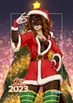 2023 anthro belt breasts christmas christmas_clothing christmas_headwear christmas_tree cleavage clothed clothing female fur gloves hair hand_on_hip handwear hat headgear headwear hi_res holding_mistletoe holding_object holidays keiron_white legwear looking_at_viewer mammal mistletoe mustelid one_eye_closed otter plant santa_hat signature smile smiling_at_viewer solo standing stockings tree viviane_brooks wink winking_at_viewer