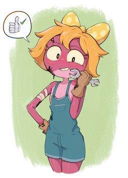anthro blush blush_lines bodily_fluids bow_ribbon clothing female gloves hair hand_on_hip handwear looking_at_viewer nipple_slip oil orange_hair overalls purple_body short_hair smile solo speech_bubble sweat sweatdrop teeth tomboy tools wrench young young_female gheezz amphibia_(series) disney polly_plantar amphibian frog absurd_res hi_res
