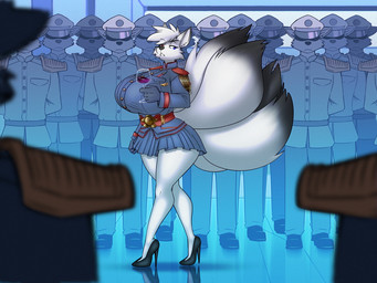 anthro belt big_breasts black_clothing black_footwear black_high_heels black_nose bottomwear breasts cheek_tuft clothed clothing container cup dipstick_tail drinking_glass epaulet eyebrow_through_hair eyebrows eyelashes facial_tuft female footwear frown fully_clothed fur glass glass_container glass_cup group hair high_heels holding_container holding_cup holding_drinking_glass holding_object holding_wine_glass huge_breasts jacket lineup male markings military_hat military_uniform miniskirt multi_tail pleated_skirt pumps shoes short_hair skirt solo_focus tail tail_markings thick_thighs topwear translucent translucent_hair tuft uniform white_body white_fur white_hair wine_glass dracojeff teenage_mutant_ninja_turtles kyo_kitsune arctic_fox canid canine fox mammal true_fox 2025 4:3