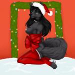 anthro bdsm bondage bound breasts clothed clothing female fluffy fluffy_tail gift holidays medium_breasts nipples partially_clothed presenting solo tail topless nastynatalie christmas lora_northstar canid canine canis mammal wolf 1:1 hi_res