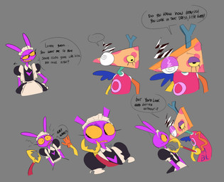 4_fingers annoyed anthro bedroom_eyes black_text bodily_fluids claws clothing constricted_pupils cross-eyed duo eye_contact eyelashes eyeshadow fingers hand_on_hip heart_symbol innuendo long_eyelashes looking_at_another maid_headdress maid_uniform makeup male narrowed_eyes pinned pinned_to_wall pupils seductive shocked small_pupils speech_bubble sweat sweatdrop text uniform yellow_sclera karnthud glitch_productions the_amazing_digital_circus bazooble_(tadc) jax_(tadc) humanoid lagomorph leporid living_toy mammal rabbit 2026 absurd_res english_text hi_res