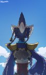 anthro armor blue_body blue_feathers blue_sky braided_hair day feathers hair male rear_view sky solo standing lan_rizardon breath_of_the_wild nintendo the_legend_of_zelda revali avian bird rito 2020 blue_theme digital_media_(artwork) hi_res