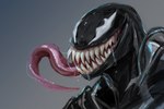 black_body bodily_fluids empty_eyes gradient_background long_tongue male not_furry saliva sharp_teeth simple_background smile solo teeth tendrils tongue tongue_out furikake marvel venom_(marvel) alien alien_humanoid humanoid symbiote digital_media_(artwork) hi_res
