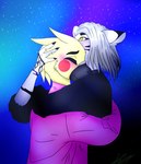 anthro blush cuddling duo hug interspecies male male/male stripes tattoo sorendraws paladinbirdy sakuri_rainne avian bird cockatiel cockatoo felid mammal pantherine parakeet parrot tiger true_parrot