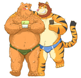 anthro belly blush brown_body brown_fur clothing duo electronics eyewear fur glasses kemono male male/male navel overweight overweight_male phone simple_background swimwear white_background andikapatok bear felid mammal pantherine tiger 2015 hi_res