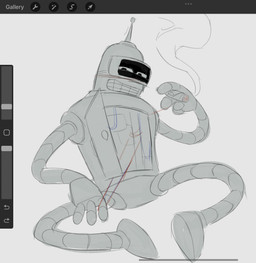 art_program_in_frame cigar grey_background holding_cigar holding_object machine male male_humanoid narrowed_eyes simple_background sitting smoke smoking solo wire wire_play killcuspid comedy_central futurama bender_bending_rodríguez humanoid robot robot_humanoid 2022 digital_media_(artwork) full-length_portrait hi_res portrait procreate_(artwork) sketch