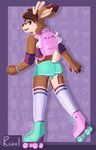 anthro backpack bottomwear brown_body brown_hair clothing dolphin_shorts elbow_pads femboy hair hotpants legwear male pattern_background purple_background quad_skates roller_skates shirt shorts simple_background skating solo tank_top thigh_highs topwear rozel deer mammal absurd_res hi_res