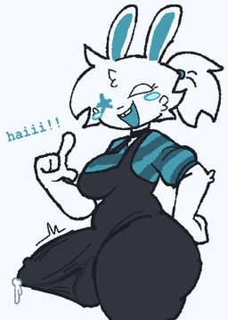 anthro balls big_butt big_penis blue_blush blush bodily_fluids bulge butt choker clothing detailed_bulge erection erection_under_clothing fur genital_fluids genital_outline genitals gynomorph hair humanoid_genitalia humanoid_penis intersex jewelry leaking_precum looking_at_viewer necklace pattern_clothing pattern_shirt pattern_topwear penis penis_outline ponytail precum shirt slightly_chubby slightly_chubby_anthro solo striped_clothing striped_shirt striped_topwear stripes topwear white_body white_fur weirdenned astrik_(asterisks_nsfw) lagomorph leporid mammal rabbit 2026 hi_res trans_(lore)