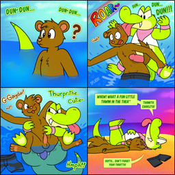 after_sex anal anal_penetration anthro balls beach black_border blush border brown_body brown_fur butt clothing crop_top dialogue discarded_clothing duo erection fangs fur genitals green_body green_skin half_naked holding_another kerchief male male/male penetration penile penile_penetration penis penis_in_ass pink_penis sand sea sex sex_in_water sharp_tooth shirt sunset surprise_sex swimming_trunks swimwear teeth text tongue tongue_out topwear unsheathed water nishi_oxnard charles_ferret gaydar_(nishi) alligator alligatorid crocodilian domestic_ferret mammal mustelid musteline reptile scalie true_musteline weasel 1:1 comic english_text hi_res