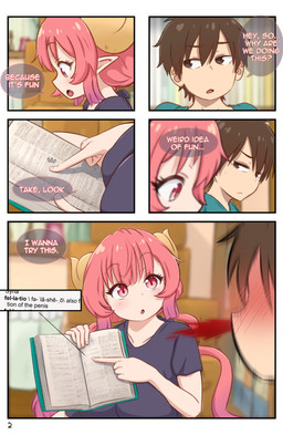 2_horns 5_panel_comic :o big_breasts black_clothing black_shirt black_topwear blue_clothing blue_shirt blue_topwear blush blush_lines bodily_fluids breasts brown_eyes brown_hair clothing curved_horn duo female gesture hair hand_gesture horn huge_breasts inside light-skinned_female long_hair looking_at_another male open_mouth oversized_clothing page_number pigtails pointing pupils red_eyes red_hair shirt short_hair slit_pupils speech_bubble sweat sweaty_face tan_body tan_skin text topwear yellow_horn greatm8sfm miss_kobayashi's_dragon_maid mythology ilulu taketo_aida animal_humanoid dragon dragon_humanoid human humanoid mammal mythological_creature mythological_scalie scalie 2023 absurd_res colored comic hi_res shaded