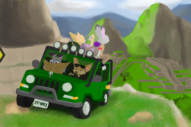 ambiguous_gender anthro camera clothed clothing detailed_background driving eyewear fully_clothed fur grass grey_body grey_fur group holding_object map mountain outside plant sitting sky sunglasses tan_body tan_fur vehicle theblueberrycarrots disney zootopia finnick_(zootopia) jack_savage judy_hopps skye_(zootopia) canid canine fennec_fox fox lagomorph leporid mammal rabbit true_fox 2019 3:2 absurd_res hi_res
