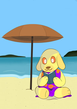 anthro beach sea solo umbrella water goldenfleeceart animal_crossing nintendo goldie_(animal_crossing) canid canine canis domestic_dog mammal hi_res