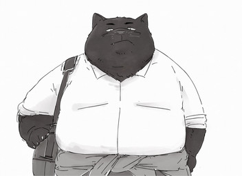 anthro black_body black_fur bottomwear clothing cute_fangs fangs fur male overweight overweight_male pants shirt simple_background solo standing teeth topwear white_background pommn_mn domestic_cat felid feline felis mammal 2026 hi_res