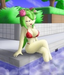 big_breasts bikini blue_eyes breasts clothed clothing crossed_legs female green_hair hair nipples not_furry plant skimpy solo swimming_pool swimwear two-piece_swimsuit water knownvortex sega sonic_the_hedgehog_(series) sonic_x cosmo_the_seedrian elemental_creature elemental_humanoid flora_fauna humanoid plant_humanoid seedrian