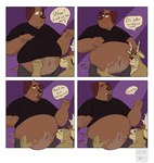 absurd_res anthro antlers belly belly_focus belly_fondling belly_lick big_belly blush bodily_fluids canid canine canis clothed clothing clothing_lift comic comic_panel deer dialogue domestic_dog duo hands_on_stomach hat headgear headwear hi_res horn licking male male/male mammal motion_lines navel overweight overweight_anthro overweight_male shirt shirt_lift size_difference smaller_male speech_bubble sweat sweatdrop tail tail_motion tailwag tcw tongue tongue_out topwear