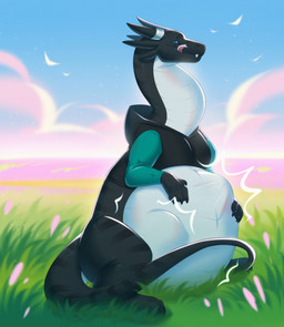 abdominal_bulge belly big_belly black_body black_claws claws clothing day fangs feral feral_pred grass grey_body hoodie huge_belly licking licking_lips male male_pred motion_lines on_grass on_ground outside pink_tongue plant sitting sky smile snout solo tail teeth tongue tongue_out topwear vore orca24a mythology dragon mythological_creature mythological_scalie scalie wingless_dragon colored digital_drawing_(artwork) digital_media_(artwork) hi_res shaded