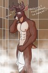 abs anthro antlers black_eyebrows black_nose blush brown_body brown_fur covering covering_crotch covering_self embarrassed eyebrows eyes_closed fur horn inside male muscular muscular_anthro muscular_male navel nipples nude pecs shower smile solo standing steam tan_body tan_fur teeth towel water wet wet_body white_towel artsywoodpecker deer mammal 2:3 absurd_res hi_res