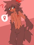 brown_body brown_fur featureless_crotch female female_symbol flat_chested fur gender_symbol hair messy_hair nipples question_mark red_eyes solo symbol tan_body tomboy kiukiu humanoid unknown_species hi_res