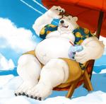 anthro beach_umbrella belly beverage big_belly chair claws clothed clothing eyewear fur furniture holding_beverage holding_object iceberg male navel obese obese_anthro obese_male open_clothing open_mouth open_shirt open_smile open_topwear outside overweight overweight_anthro overweight_male parasol shirt smile solo sunglasses toe_claws topwear water white_body white_fur cinna-tree bear mammal polar_bear ursine hi_res