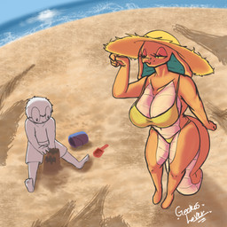 anthro beach big_breasts big_hat bikini breasts clothing duo female hat headgear headwear male male/female orange_body outside sand scales simple_background size_difference sky smile snake_hood swimwear tail thick_thighs two-piece_swimsuit water white_body yellow_eyes young yairo ethan_(yairo) raquel_(yairo) cobra human mammal reptile scalie snake 1:1 digital_media_(artwork)