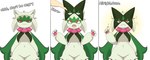 anthro breast_curtains breasts dialogue duo female fur green_body green_fur mask mask_off maskless medium_breasts navel open_mouth pawpads pokemorph red_eyes simple_background solo_focus text thick_thighs unmasked white_background wide_hips anmijoy nintendo pokemon twitter felid feline generation_9_pokemon mammal meowscarada pokemon_(species) 2024 comic digital_media_(artwork) english_text hi_res