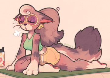 anthro barefoot big_tail bottle bottomwear breath chest_tuft claws clothing container countershading exercise exercise_clothing eyelashes eyes_closed eyeshadow eyewear feet female finger_claws floor glasses green_clothing green_topwear hair inside leg_markings makeup markings mat pawpads paws pink_pawpads plantigrade round_glasses scrunchie shaking_arms shorts simple_background socks_(marking) soles solo tail toe_claws toes topwear tube_top tuft water_bottle wearing_glasses whiskers wood wood_floor yellow_bottomwear yellow_clothing yellow_shorts yoga yoga_mat geckit mocha_(geckit) domestic_cat felid feline felis mammal 2024 hi_res