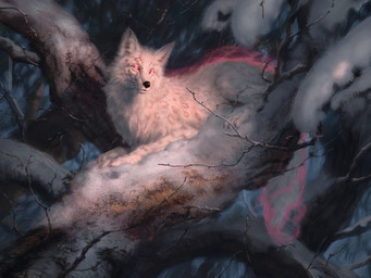 ambiguous_gender black_nose black_sclera branch detailed_background feral fur glowing glowing_eyes looking_at_viewer on_branch red_eyes sitting snow solo tail white_body white_fur yongjae_choi hasbro magic:_the_gathering wizards_of_the_coast canid canine fox mammal official_art