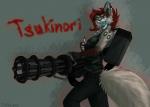 anthro biped cigarette clothed clothing ear_piercing fangs female fingerless_gloves fur gatling_gun gloves gun hair handwear machine_gun minigun open_mouth piercing ranged_weapon simple_background smile smoke solo standing teeth text tongue weapon hitmore felid mammal english_text