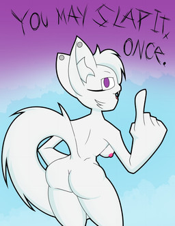anthro areola breasts butt dialogue ear_piercing female gesture hand_gesture inner_ear_fluff looking_at_viewer looking_back looking_back_at_viewer nipples nude piercing purple_eyes raised_finger raised_index_finger rear_view simple_background slap solo speaker talking_to_viewer tuft cackling_pumpkins third-party_edit you_may_spank_it_once wave_the_fennec_fox canid canine fox humanoid mammal hi_res
