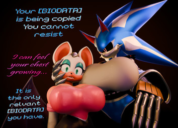 anthro armor big_breasts blue_body bodysuit breastplate breasts claws clothed clothing crossgender duo female female/female fur grabbing_head green_eyes grey_body growth hand_on_head hand_on_hip head_on_chest larger_female latex machine makeup membrane_(anatomy) membranous_wings metallic_body mouthless open_mouth red_eyes scared shocked simple_background size_difference skinsuit smaller_female spread_wings text tight_clothing white_body white_fur wings leafytheleafer twilightv0ids_(modeler) valorlynz_(modeler) archie_comics sega sonic_the_hedgehog_(archie) sonic_the_hedgehog_(comics) sonic_the_hedgehog_(series) metal_sonic neo_metal_sonic rouge_the_bat bat eulipotyphlan hedgehog mammal robot robot_anthro 3d_(artwork) digital_media_(artwork) english_text hi_res
