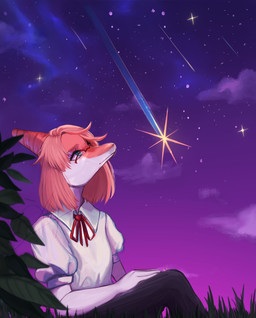 anthro blonde_hair bone_frill bottomwear breasts clothed clothed_anthro clothed_female clothing eyewear female fingers frill_(anatomy) glasses grass green_eyes grey_bottomwear grey_clothing grey_pants hair humanoid_hands leaf looking_up low-angle_view medium_hair night non-mammal_breasts orange_body outside pants plant shirt shooting_star sitting sky small_breasts solo star starry_sky topwear white_body white_clothing white_shirt white_topwear akky19 goodbye_volcano_high ko_op_(game_developer) naomi_(gvh) dinosaur hadrosaurid ornithischian ornithopod parasaurolophus prehistoric_species reptile scalie colored hi_res shaded