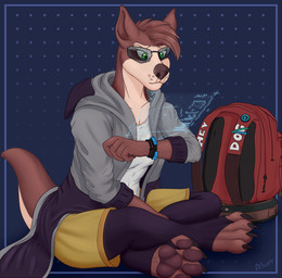 4_toes anthro backpack bottomwear brown_body brown_fur brown_hair clothed clothing digitigrade eyewear feet female fur glasses hair hoodie paws shirt shorts simple_background sitting solo toes topwear ailoy4 hybrid mammal species_request 2020 hi_res