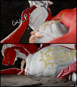 abdominal_bulge belly duo feral male male/male neck_bulge speech_bubble swallowing text unwilling_prey vore waficdragon mythology chase_(crimsoncreaturecreations) wafic dragon human mammal mythological_creature mythological_scalie scalie absurd_res comic hi_res