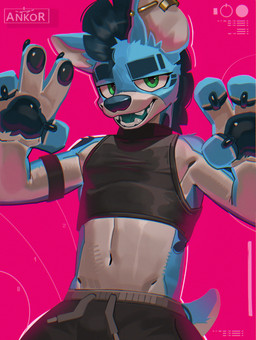 4_fingers anthro claws clothing crop_top ear_piercing eyebrows fingers fur green_eyes male markings multicolored_body multicolored_fur navel pawpads piercing shirt simple_background smile smiling_at_viewer solo spots spotted_body spotted_fur tail topwear ankorthewolf ankor_(ankorthehyena) hyena mammal absurd_res hi_res