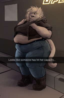 anthro belly belt big_breasts biped boots bottomwear breasts clothing denim denim_bottomwear denim_clothing duo eyes_closed female fingers footwear fur grey_body grey_fur grey_hair hair jacket jeans obese obese_anthro obese_female overweight overweight_anthro overweight_female pants shirt shoes solo standing thick_thighs tight_clothing topwear silverfang725 anna_mercury domestic_cat felid feline felis mammal 2023 clip_studio_paint_(artwork) digital_media_(artwork) hi_res shaded
