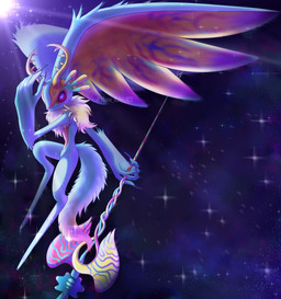 ambiguous_gender antares_(kirby_and_the_forgotten_land) anthro antlers biped black_sclera chest_tuft colored_nails cosmic_background countershading detailed_background digitigrade dipstick_tail fingernails fluffy fluffy_tail fur head_wings holding_melee_weapon holding_object holding_polearm holding_spear holding_weapon horn huge_wings light light_beam markings melee_weapon mouthless multicolored_body multicolored_eyes multicolored_fur nails neck_tuft orange_body orange_fur pink_eyes polearm pupils purple_fingernails purple_nails sky solo space space_background spear star starry_background starry_sky sunbeam sunlight tail tail_markings tan_body tan_fur teal_body teal_eyes teal_fur text three-quarter_view tuft unusual_wing_placement weapon wings flygon_yj kirby_(series) nintendo fecto_elfilis alien chinchilla chinchillid mammal rodent starling_(kirby) 2022 absurd_res artist_name digital_drawing_(artwork) digital_media_(artwork) english_text full-length_portrait hi_res japanese_description portrait watermark