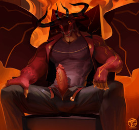 4_eyes 4_horns anthro balls_outline big_muscles bottomwear bulge chair clothed clothing detailed_bulge erection fully_clothed furniture genital_outline genitals horn looking_at_viewer male male_anthro membrane_(anatomy) membranous_wings multi_eye multi_horn muscular muscular_anthro muscular_male on_chair pants pecs penile_spines penis red_body red_scales scales shirt sitting sitting_on_chair sitting_on_throne smoke smoke_from_nose solo tank_top throne topwear wings tagonkrat european_mythology hellaverse helluva_boss mythology satan_(helluva_boss) demon demon_dragon dragon mythological_creature mythological_scalie scalie western_dragon winged_dragon 2024 absurd_res hi_res