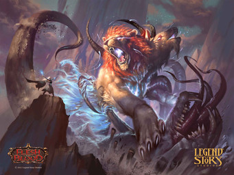 ambiguous_gender brown_body brown_fur cape claws clothing cloud feral fight fur glowing glowing_eyes group holding_object holding_staff horn macro magic mane mountain open_mouth outside sharp_teeth staff standing teeth tentacles text tongue tongue_out white_cape white_clothing narendra_bintara_adi european_mythology flesh_and_blood greek_mythology legend_story_studios mythology chimera human mammal monster mythological_chimera mythological_creature digital_media_(artwork) english_text hi_res official_art