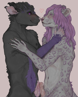 anthro black_body black_fur blush claws duo erection frottage fur genitals grey_body grey_fur hair humanoid_genitalia humanoid_penis long_hair male male/male multicolored_body nipples nude penile penis penises_touching purple_body purple_eyes purple_fur sex simple_background smile tapering_penis eldritchbeast mishy felid leopard mammal murid murine pantherine rat rodent snow_leopard absurd_res hi_res