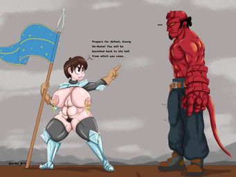 armor armwear big_breasts bottomwear breasts brown_eyes brown_hair bulge clothing cross duo ellipsis female flag flag_(object) footwear gauntlets gloves hair handwear huge_breasts legwear male nipple_piercing nipple_ring nipples pants piercing pubes red_body ring_piercing shoes tail text thick_thighs cr4z_4rt hellboy_(series) hellboy_(character) jeanne_d'arc cambion demon human mammal 4:3 english_text hi_res