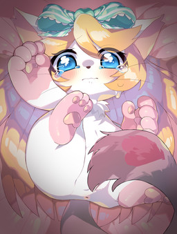 accessory anthro anus blonde_hair blue_eyes blush bodily_fluids bow_(feature) bow_accessory bow_ribbon centered_hair_bow chest_tuft convenient_censorship female fur gloves_(marking) hair hair_accessory hair_bow hair_ribbon heart_(marking) leg_markings looking_at_viewer markings pawpads paws pink_markings pink_pawpads ribbons socks_(marking) solo tears tuft whiskers white_body white_fur young meru_(artist) cat_busters alice_(cat_busters) domestic_cat felid feline felis mammal 2019 absurd_res hi_res