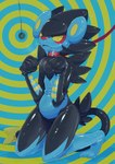 abstract_background ambiguous_gender anthro anthrofied clothing collar costume felid feline fursuit generation_4_pokemon hypnosis latex latex_clothing latex_skinsuit leash luxray mammal mind_control nintendo pendulum pokemon pokemon_(species) pokemorph raised_arms rubber_clothing skinsuit solo spiral_background tight_clothing winte