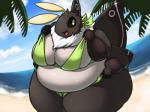 antennae_(anatomy) anthro belly big_belly big_breasts big_butt bikini black_body black_fur blush breasts butt clothing female fur happy multi_limb non-mammal_breasts obese overweight overweight_anthro overweight_female smile solo swimwear thick_thighs two-piece_swimsuit white_belly white_body white_fur wings yosioka_san jonasii arthropod insect lepidopteran moth