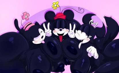anthro big_breasts big_butt black_body breasts butt clothing female gesture gloves group hand_gesture handwear hat headgear headwear huge_breasts huge_butt nipples tongue tongue_out trio v_sign rabbit5gamer disney merrie_melodies warner_brothers minnie_mouse ortensia roxy_(merrie_melodies) canid canine domestic_cat felid feline felis fox mammal mouse murid murine rodent hi_res