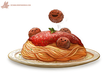 ambiguous_gender black_eyes comically_large_object copyright_symbol detailed_food dot_eyes eyes_closed food group in_food jumping meatball micro open_mouth pasta plate simple_background simple_eyes smile spaghetti symbol tomato_sauce white_background piper_thibodeau animate_inanimate food_creature 2015 detailed digital_media_(artwork) digital_painting_(artwork) painting_(artwork)